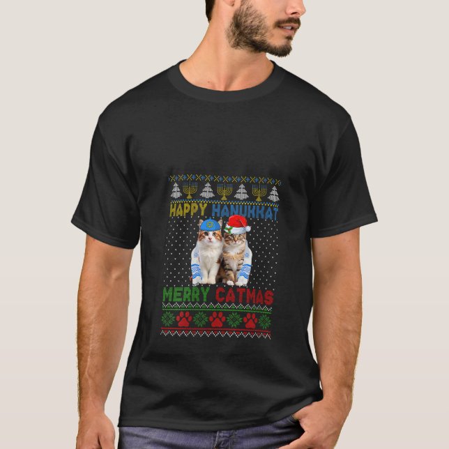 Camiseta Mulheres Felizes Hanukkat Feliz Catmas Feliz Natal (Frente)