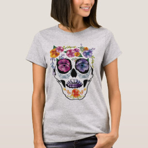 Camiseta Mulheres florais da flor do design do crânio