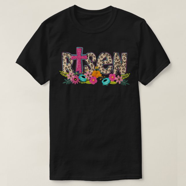 Camiseta Mulheres Floral Leopard Risen Páscoa Christian Eas (Frente do Design)