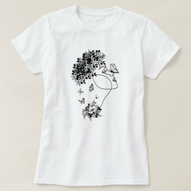 Camiseta Mulheres Flores Borboleta Escura Face Retrato Vint (Frente do Design)
