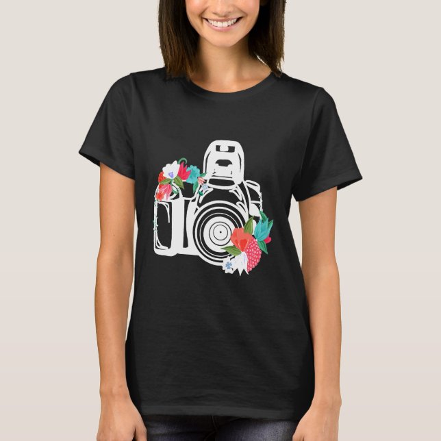 Camiseta Mulheres Fotógrafo Dando Ideia Flores de Câmera So (Frente)