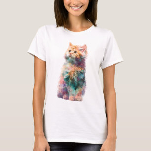 Camiseta Mulheres Gatinho Fofo Aquarela Arco-Íris Artístico