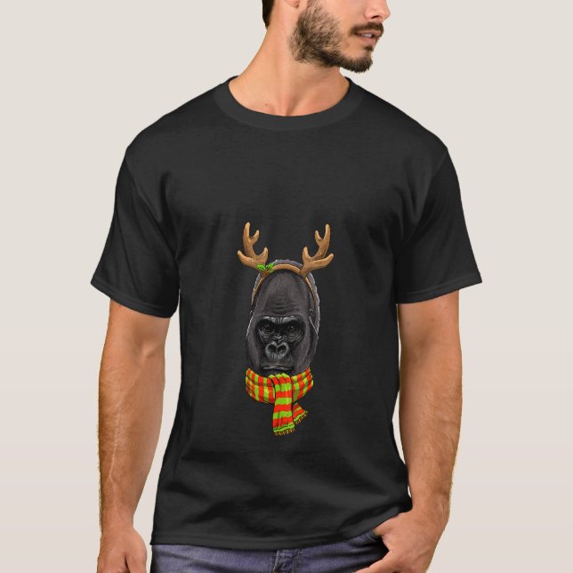 Camiseta Mulheres Gorilla Christmas Reindeer Antlers Xmas (Frente)