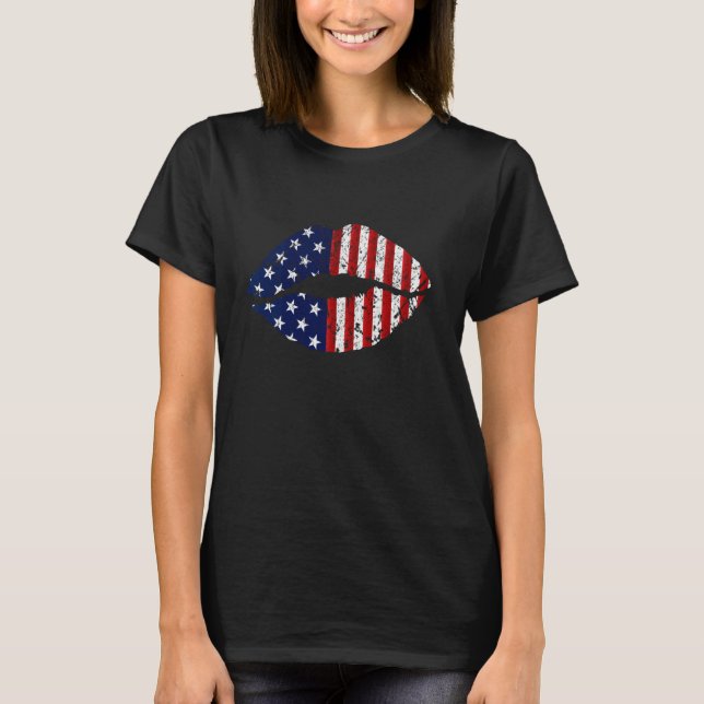 Camiseta Mulheres Lábios Bandeira Americana 4º de julho Org (Frente)