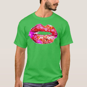 Camiseta Mulheres Lábios Rosa Quente Beijo Neon 80s Partido