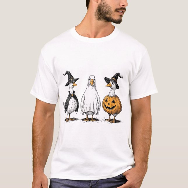 Camiseta Mulheres Loucas Gansos no Halloween Pumpkin Fall B (Frente)