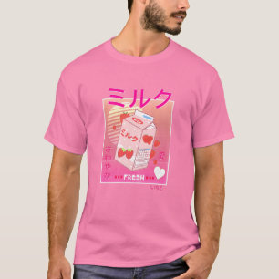 Camiseta Mulheres Morango Leite Cartonagem Kawaii Rosa Aest