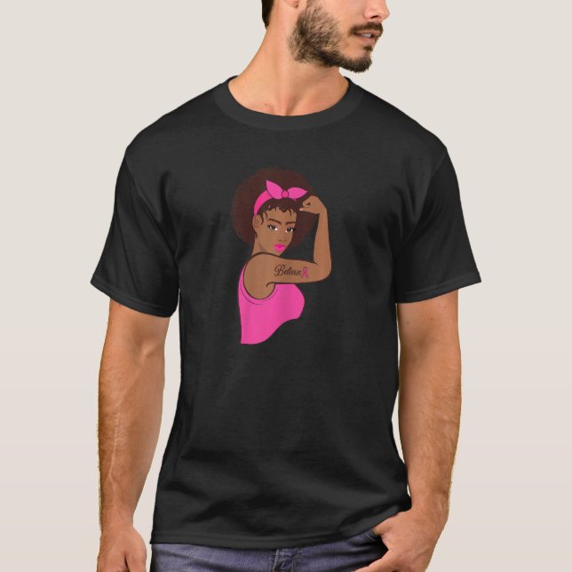 Camiseta Mulheres Negra Rosie Riveter Depois do Cancer da M (Frente)