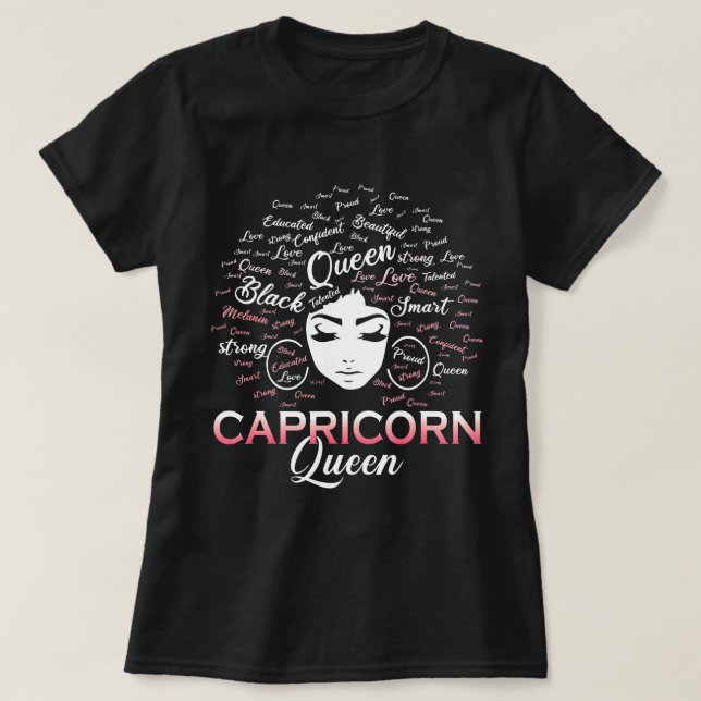 Camiseta Mulheres Negras Capricórnio Rainha de Janeiro Aniv (Frente do Design)