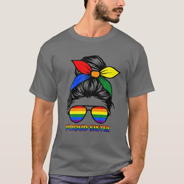 Camiseta Mulheres Orgulhosas Irmã Mensagem Arco Arco-Íris L (Frente)