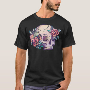 Camiseta Mulheres Pastel Tatuagem Floral do Crânio Rosa Flo