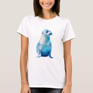Camiseta Mulheres Retrato de Selos Galáxia Azul Cósmica em 