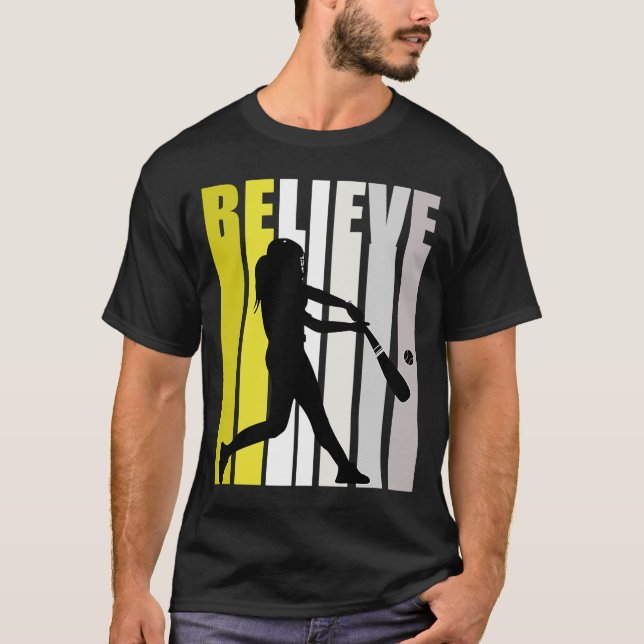 Camiseta Mulheres Retro Amarelas Acreditam Motivação Baseba (Frente)