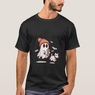 Camiseta Mulheres Retro Engraçado Fantasma Andando Cachorro
