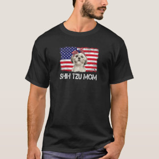 Camiseta Mulheres Shih Tzu Mãe Bandeira Dos Eua 4 De Julho 