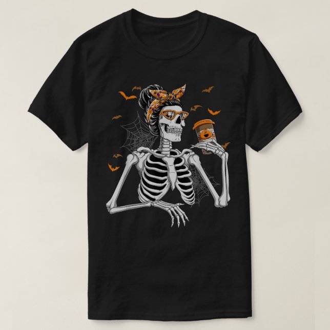 Camiseta Mulheres Skeleton Bebendo Halloween Meninas de Fig (Frente do Design)