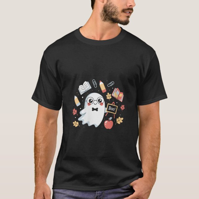 Camiseta Mulheres Spooky Professora Fantasma Segurando Fal  (Frente)