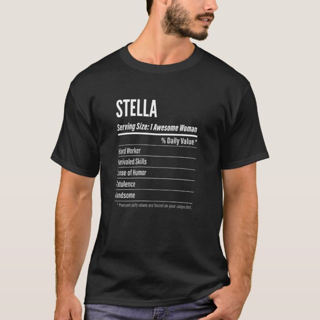 Camiseta Mulheres Stella Servindo Etiqueta Nutrição de Tama (Frente)