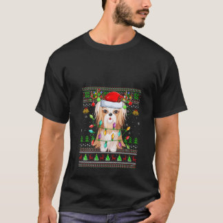 Camiseta Mulheres Suando Feio Xmas Luzes Santa Hat Shih Tzu