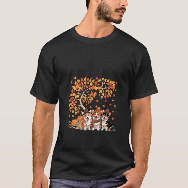 Camiseta Mulheres Três Corgis Cute Pumpkins Debaixo Da Árvo (Frente)