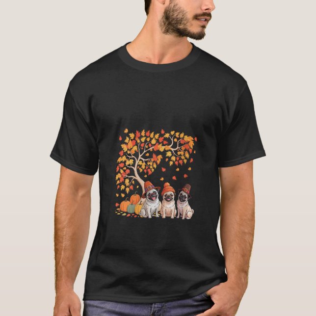 Camiseta Mulheres Três Pugs Culpantes Debaixo Da Árvore Que (Frente)