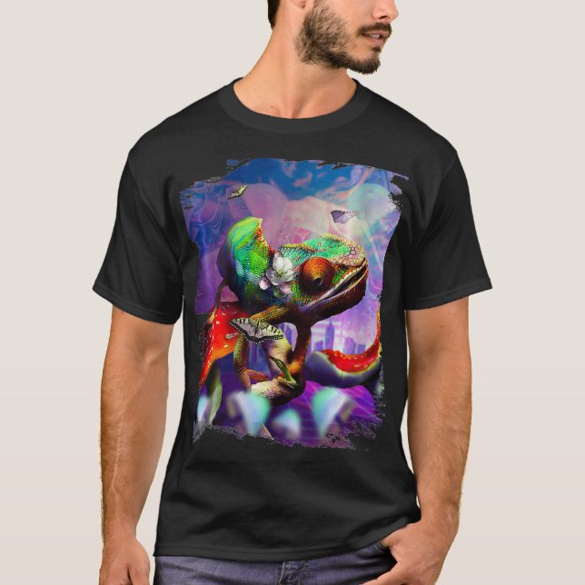 Camiseta Mulheres Trippy Psychedelic Chameleon Lizard em Mu (Frente)