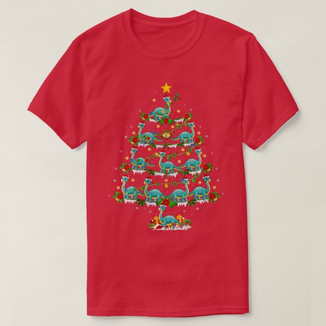 Camiseta Mulheres Xmas Luzes Brontosaurus Dinossaur Natal (Frente do Design)
