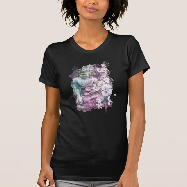 Camiseta *~* Mulheres Zen Buddha Flores Pastel Black T-Shir (Frente)