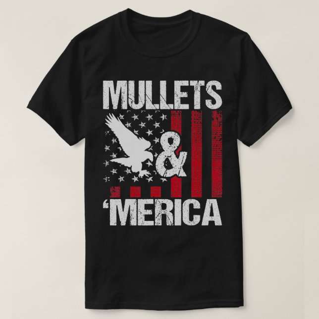 Camiseta Mullets Merica Patriótica EUA Sinalizador Vermelho (Frente do Design)
