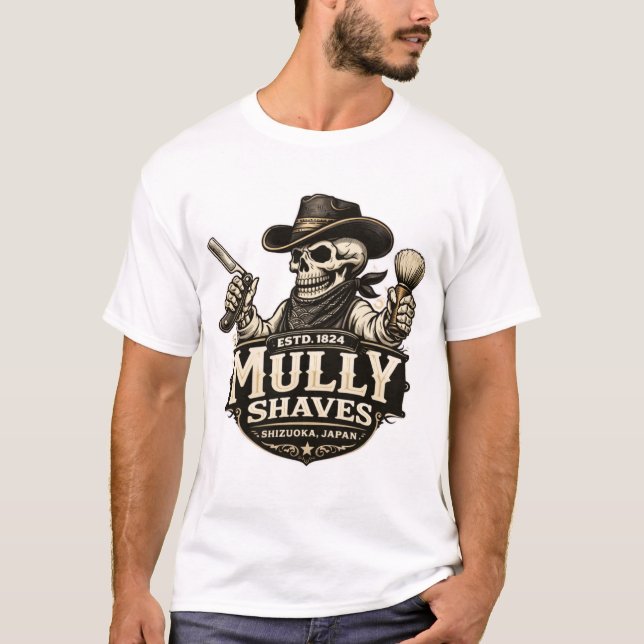 Camiseta Mully Shaves – Design de Barbeiro Fora da Lei (Frente)