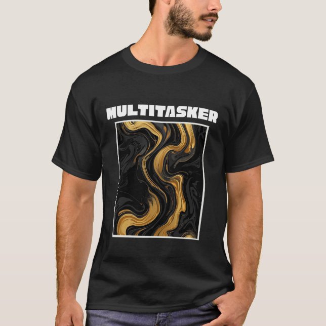 Camiseta Multitarefa Mármore Líquido Dourado e Preto Abstra (Frente)