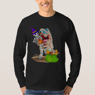 Camiseta Múmia de Esqueleto Montando Dinossauro rex Abóbora