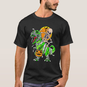 Camiseta Múmia de Esqueleto Montando Dinossauro rex Abóbora