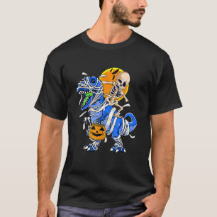 Camiseta Múmia de Esqueleto Montando Dinossauro rex Abóbora