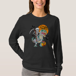 Camiseta Múmia de Esqueleto Montando Dinossauro T Rex Hallo