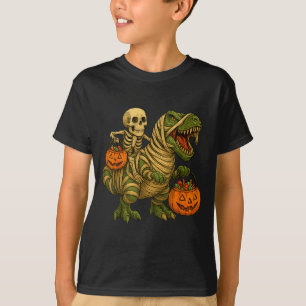 Camiseta Múmia de Esqueleto Montando Dinossauro T Rex Hallo