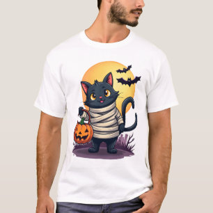 Camiseta Múmia de Gato Preto Homens Mulheres Crianças Hallo