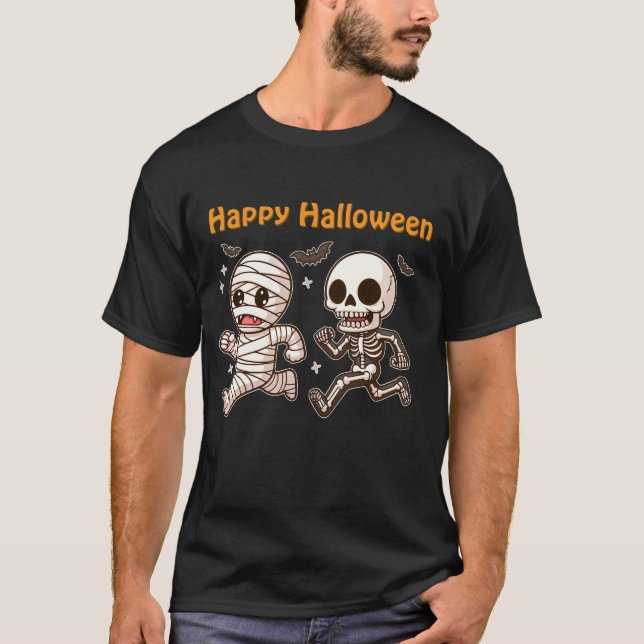 Camiseta Múmia e esqueleto em execução - Bonito Halloween D (Frente)