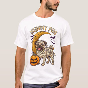 Camiseta Múmia Pug Cão Abóbora Lua Crescente
