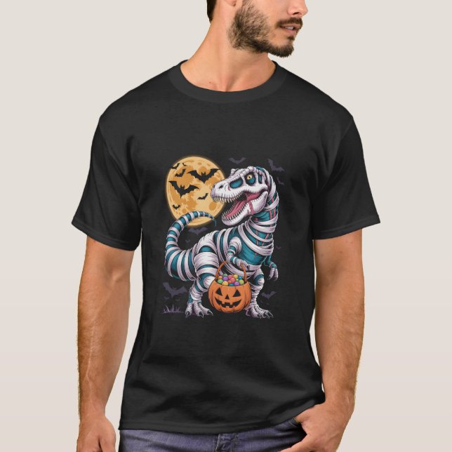 Camiseta Mummy T-Rex Halloween Dinosaur Trick or Treat Moon (Frente)