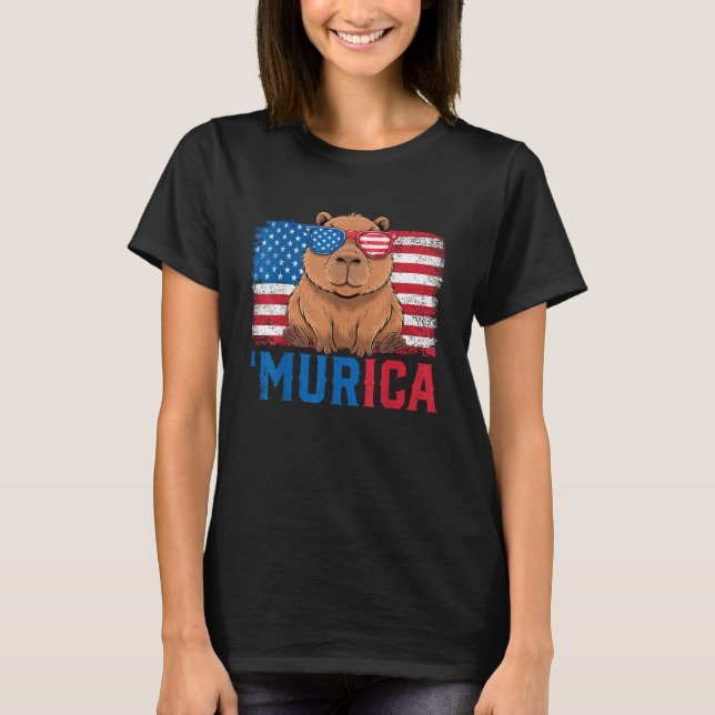 Camiseta Murica Capybara USA Flag Sunglass Patriotic (Frente)