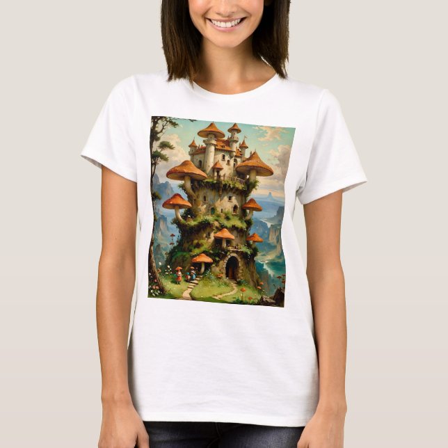 Camiseta Mushroom Castle Fantasy Art Whimsical T-Shirt Desi (Frente)