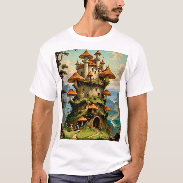 Camiseta Mushroom Castle Fantasy Art Whimsical T-Shirt Desi (Frente)