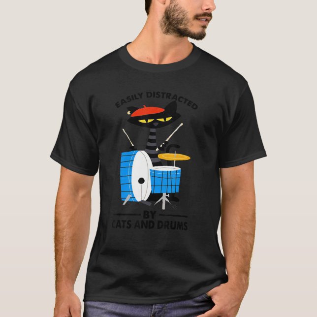 Camiseta Music Black Cat Drummer Easily Distracted By Cats  (Frente)