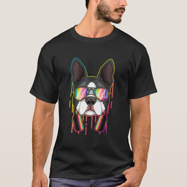 Camiseta Music Boston Terrier Dj With Fones de ouvido Music (Frente)