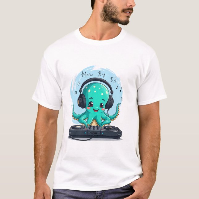 Camiseta Music Boy, Happy Octopus DJ T-Shirt, Festa (Frente)