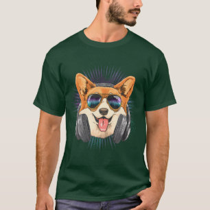Camiseta Music Corgi Dj Com Fones de ouvido E Amantes Music