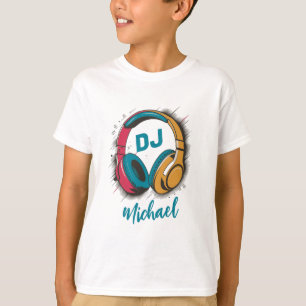Camiseta Music DJ - Fones de ouvido coloridos Nome Personal