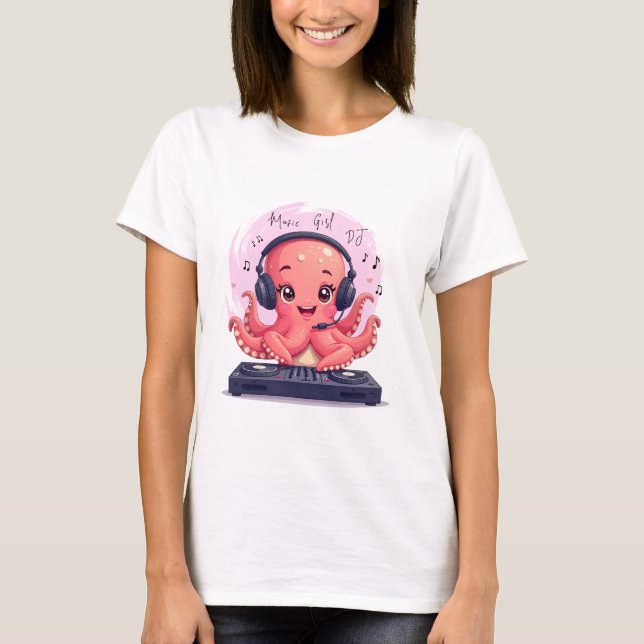 Camiseta Music Girl, feliz Pintinho sorrindo Octopus DJ (Frente)