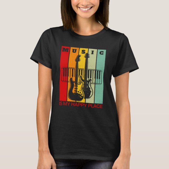 Camiseta Music is My Happy Place Music Guitar Keyboards Pia (Frente)